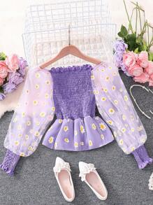 Tween Girl's Cute Daisy Sheer Lantern Long Sleeve Top With Ruffle Trim And Gathered Waist