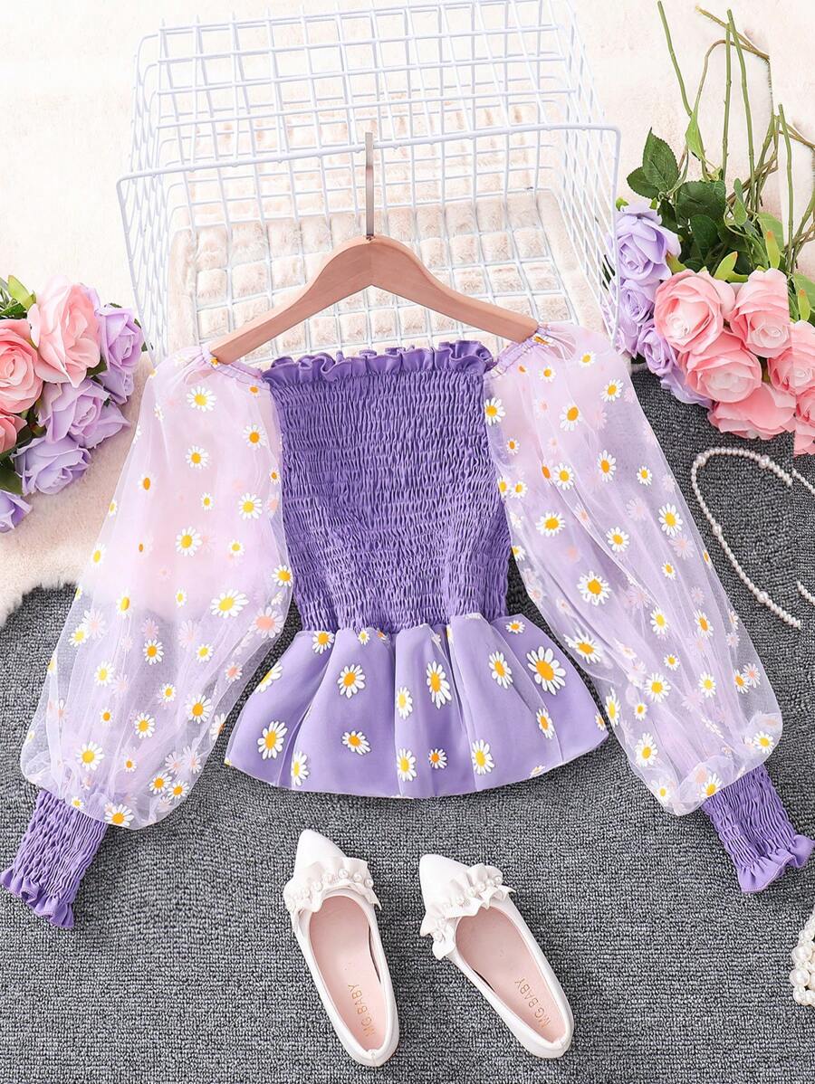 Tween Girl's Cute Daisy Sheer Lantern Long Sleeve Top With Ruffle Trim And Gathered Waist