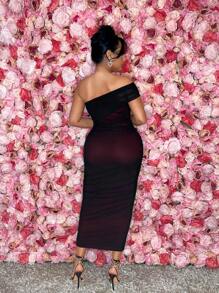 SHEIN SXY 女性性感褶皺網紗斜肩緊身連衣裙 - 黑色 - 查看 2