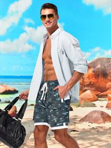 Surfspeed Men's Coconut Tree Print Drawstring Beach Shorts - Dark Grey - View 4