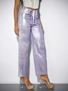 SHEIN BAE 金属色直筒高腰阔腿女式牛仔裤和夜店女装 - 紫色 - 查看 4