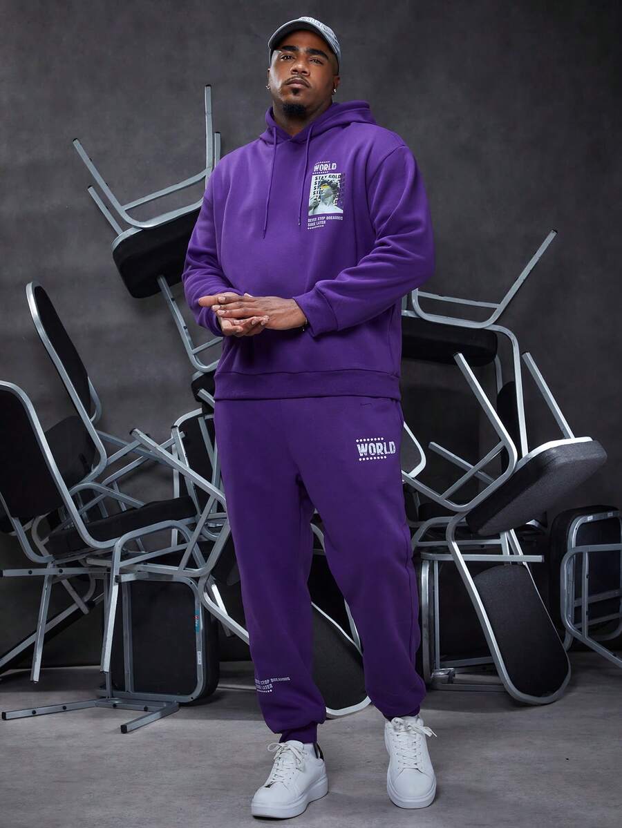 Manfinity Homme 男士大尺寸寬鬆連帽運動服套裝,印花口號運動衫和運動長褲 - 紫色 - 查看 1