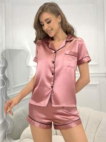 LuxeNights Bộ đồ ngủ hai mảnh gồm áo ngắn tay và quần short phối màu, đồ mặc nhà chất liệu lụa giả - Màu Hoa hồng đỏ - Xem 5