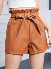 Shorts De PU Para Chicas Adolescentes Con Cinturón Y Ajuste Suelto, Casual