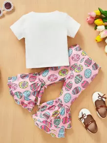 SHEIN Baby Girl Easter Cute Cartoon Pattern Short Sleeve Ruffle Top And Flared Pants Set
