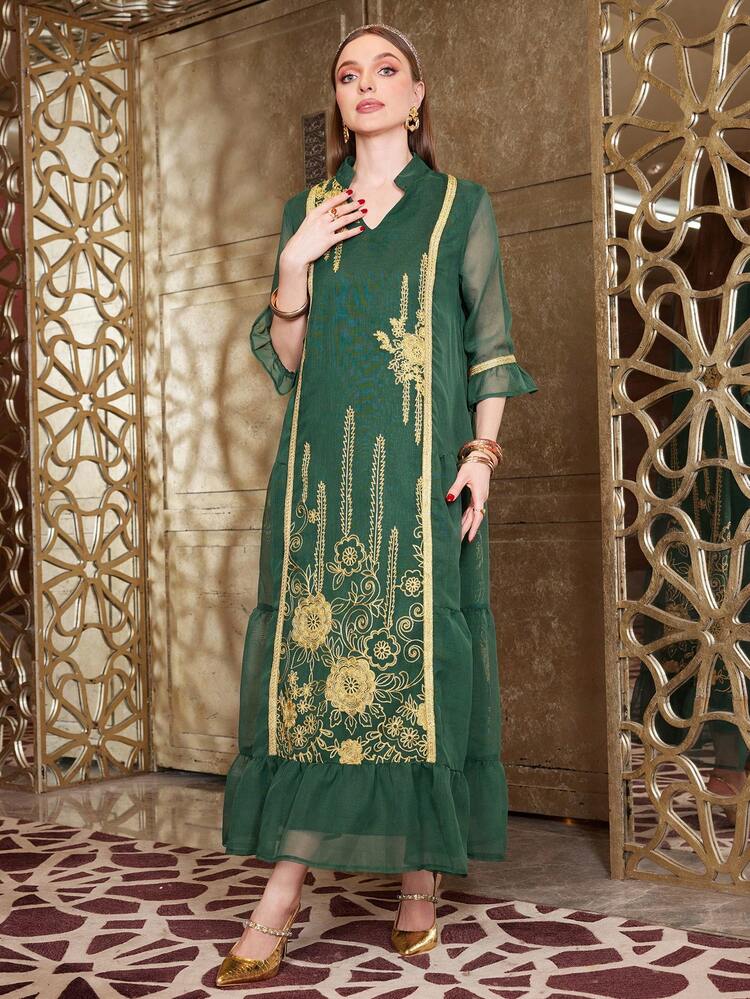 Women's Elegant Contrast Mesh Embroidery Jalabiya Kaftan Dress With Ruffle Hemline, Elegant Luxury Evening Party Style