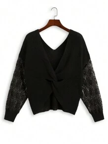 SHEIN Unity Plus Size Women's Lace Patchwork Twist Knit Sweater, Pullover Knit Pullover Fall Winter - Black - View 1