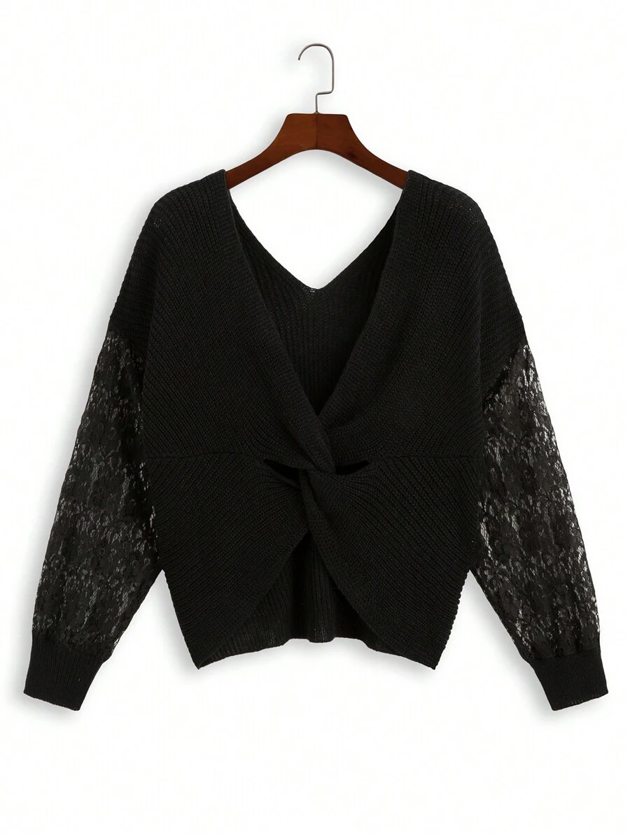 SHEIN Unity Plus Size Women's Lace Patchwork Twist Knit Sweater, Pullover Knit Pullover Fall Winter - Black - View 1