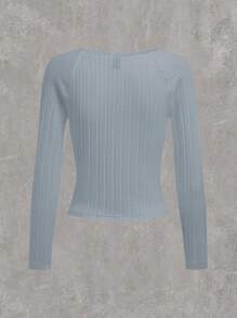 SHEIN EZwear 女士編織拼接蕾絲修身t恤 - 霧霾藍 - 查看 7