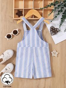 SHEIN Baby Boys' Casual Striped Overall Shorts With Suspenders, Spring & Summer, Suitable - Blue - View 2