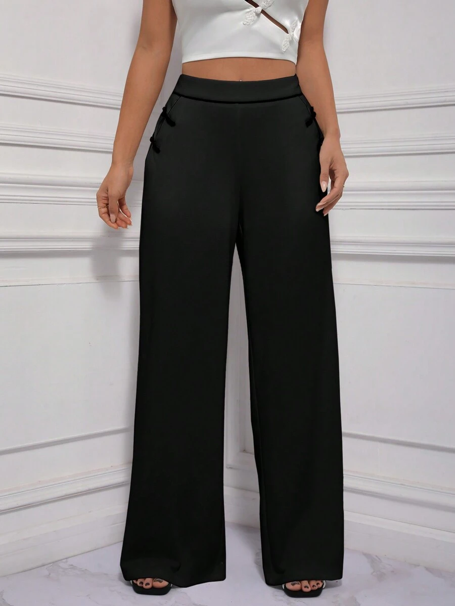 EastFlair Women's New Chinese-Style Knitted Wide-Leg Pants - Black - View 1