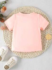 SHEIN Playful Pals Baby Girl Cute Letter Fist Printed Short Sleeve Top - Pink - View 2