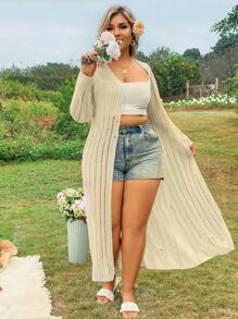 SHEIN SunnyBelle 時尚大尺碼女性長款鉸空針織開衫 - 杏色 - 查看 5