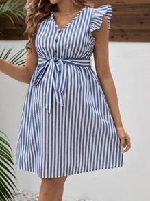 SHEIN 孕妇条纹盖袖连衣裙（带腰带） - 藍色 - 查看 5