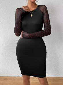 SHEIN Privé Vestido De Patchwork De Manga Larga Raglán De Malla En Forma De Corazón Para Mujer