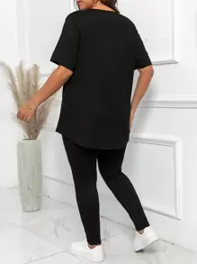 Calvaya Plus Size Decor Soft Contrast Sequin Short Sleeve T-Shirt And Fitted Pants Casual 2 Pieces Outfits For Summer