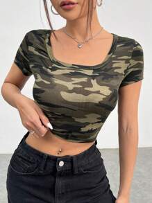 SHEIN EZwear 迷彩針織女式修身t卹