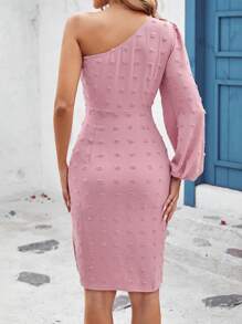 SHEIN Clasi Của phụ nữ Chấm bi Cổ không đối xứng Tay áo lồng đèn Đầm - Bụi hồng - Xem 8