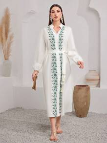 Al Najma Women'S Floral Printed Lantern Sleeve Single-Breasted Dress - White - View 5