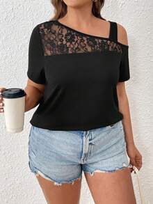 SHEIN LUNE Kích thước lớn Bất đối xứng Đường viền cổ áo Áo thun Với Chèn Lace - màu đen - Xem 3