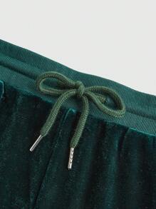 ROMWE Goth 女性y2k性感十字紋鑲鑽裝飾天鵝絨喇叭褲,帶有束口腰 - 軍綠色 - 查看 3