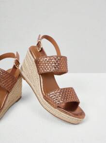 Styleloop Women's Fashion Faux Linen Metallicbraid Simple Open-Toe Brown Wedge Sandals - Khaki - View 3