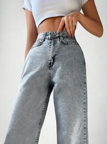 SHEIN PETITE Zipper Fly Wide Leg Jeans - Light Wash - View 5