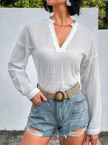 GENKIRA Blusa Bordada Com Ilhós E Gola Entalhada Para Mulheres - Branco - Ver 5