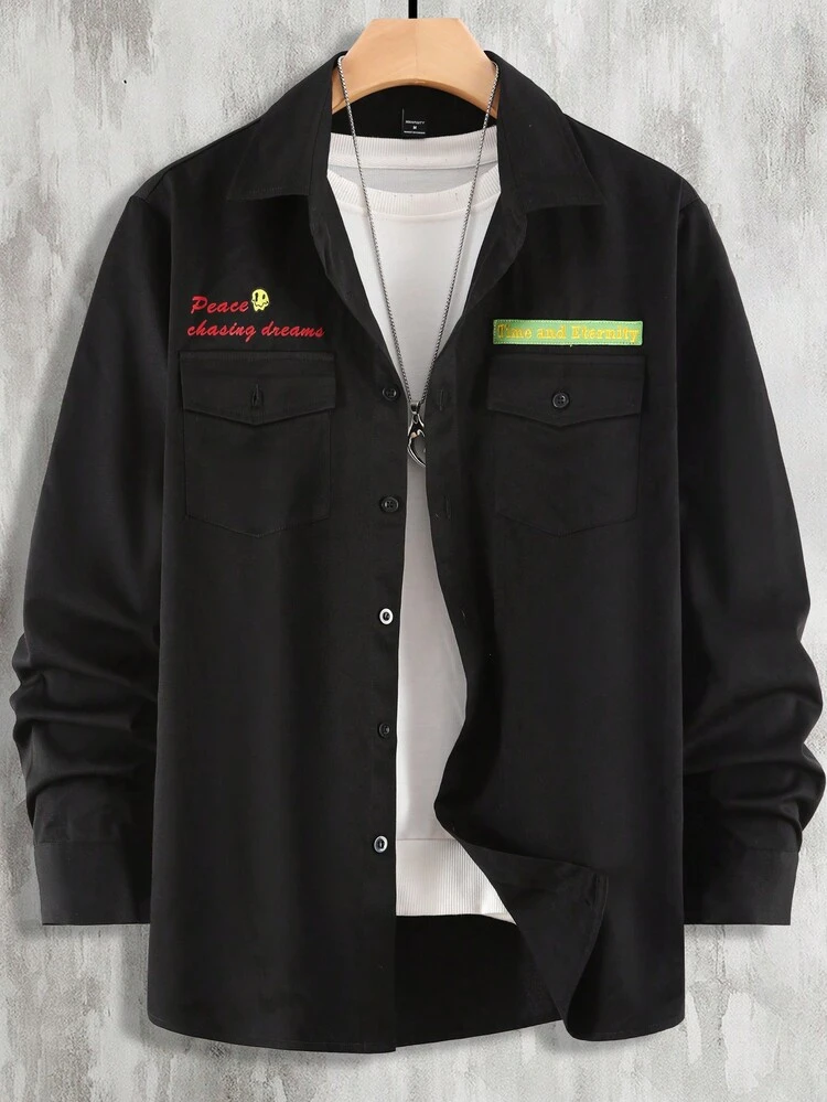 Men'S Long Sleeve Shirt With Printed Slogan Design