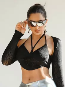 SHEIN ICON 長袖短款領口蕾絲上衣 - 黑色 - 查看 1