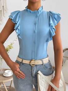 SHEIN Privé Solid Color Ruffle Edge Stand Collar Shirt - Blue - View 5