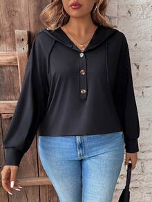 Calvaya Áo nỉ cổ bẻ cài nửa khuy dành cho nữ cỡ lớn - màu đen - Xem 3