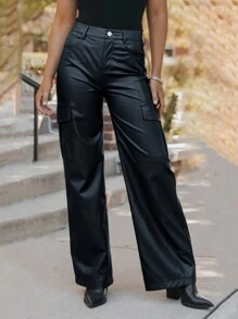 MYOURSA 多口袋纯色仿PU皮革工装裤 - 黑色 - 查看 3