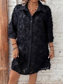 EMERY ROSE 女士大尺碼釦前開衫邊緣裝飾連衣裙 - 黑色 - 查看 3