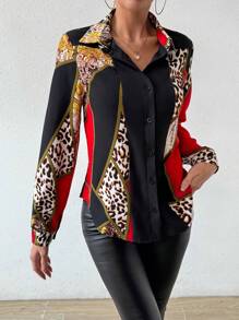 Chiquease Women's Printed Spliced Long Sleeve Shirt
