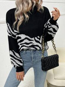 SHEIN LUNE 休閒長袖斑馬紋毛衣 - 黑色 - 查看 5