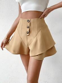 SHEIN LUNE Shorts De Pierna Ancha Con Botones Delanteros Para Mujer - Caqui - Ver 5