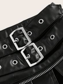 SHEIN ICON 低腰雙扣帶百褶開叉裙 - 黑色 - 查看 8