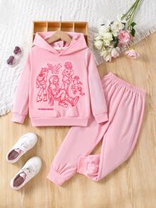 女孩卡通印花連帽衫和運動褲兩件套 - 粉色 - 查看 1