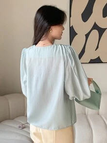 DAZY 單色褶皺長袖寬鬆v領女裝衣服 - 藍色 - 查看 2