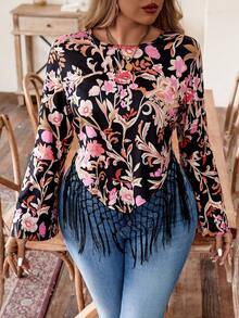 SHEIN Holidaya Kích thước lớn In Hoa Viền tua Hem Áo thun - Nhiều màu - Xem 5