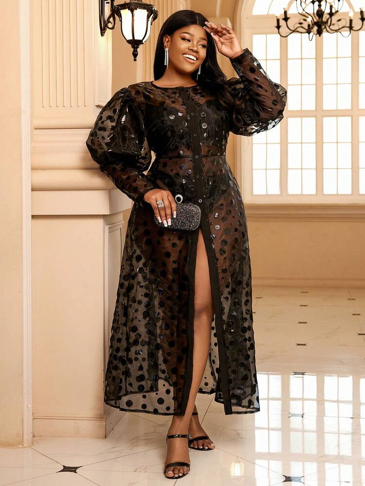 Damen-rundhals-mesh-kleid Mit Langen Ärmeln In Übergröße - Schwarz - Übersicht 1