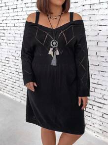 SHEIN Clasi Plus Size Cold Shoulder Knitted Sweater Dress With Sheer Panel And Diamond Pattern - Black - View 4