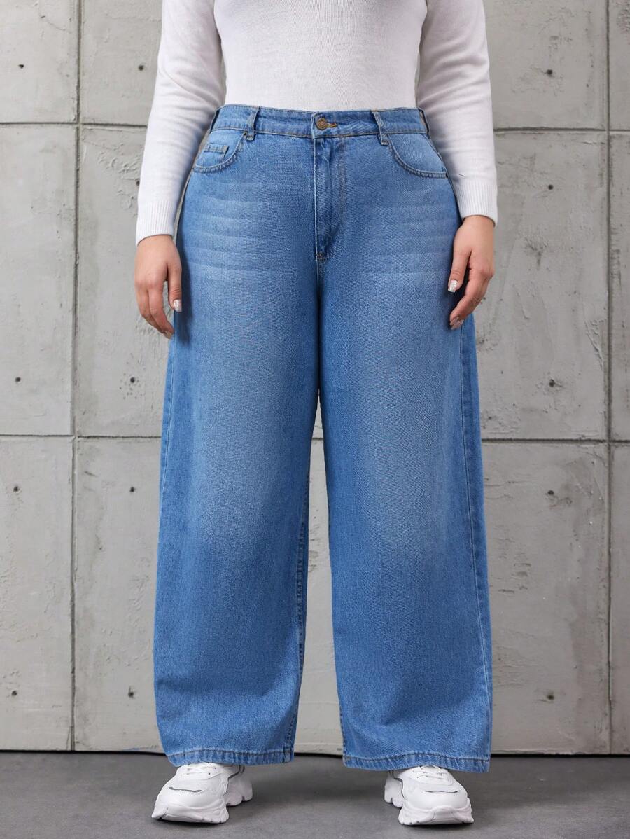 RueChic Plus Size High Waisted Distressed Jeans - Medium Wash - View 1