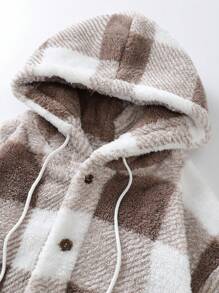 Manfinity Hypemode Men's Plus Size Single-Breasted Gingham Teddy Hooded Jacket - Chocolate Brown - View 5