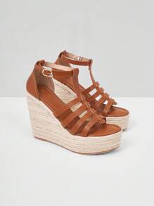 Styleloop Women's Fashionable Minimalist Strappy Brown Wedge Heel Espadrilles Sandals Ideal For Vacation,Casual Outdoor Beach Roman Boho Comfort Women's Sandals, Solid Color Faux Leather Open Toe Ankle Strap Sandals