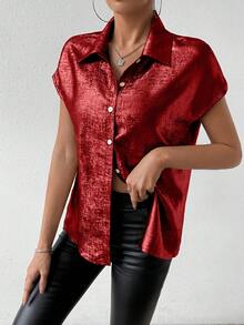 SHEIN Privé 女士亮面蝙蝠袖襯衫 - 紅色 - 查看 5