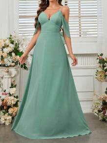 SHEIN Belle Elegant, Romantic And Elegant Women's Spring Wedding Season Spaghetti Straps High Waist Ruffle Sleeves Green Chiffon A-Shaped Umbrella Hem St. Patrick's Day Holiday Season Bridesmaid Dress
