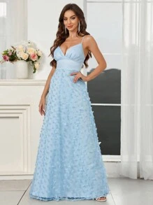 SHEIN Belle Elegant Romantic Sky Blue With Floral Butterfly Embellishments Spaghetti StrapsDeepVNeckline And Flowy A-Line Dress (Heavy Duty) Women's Evening Dress