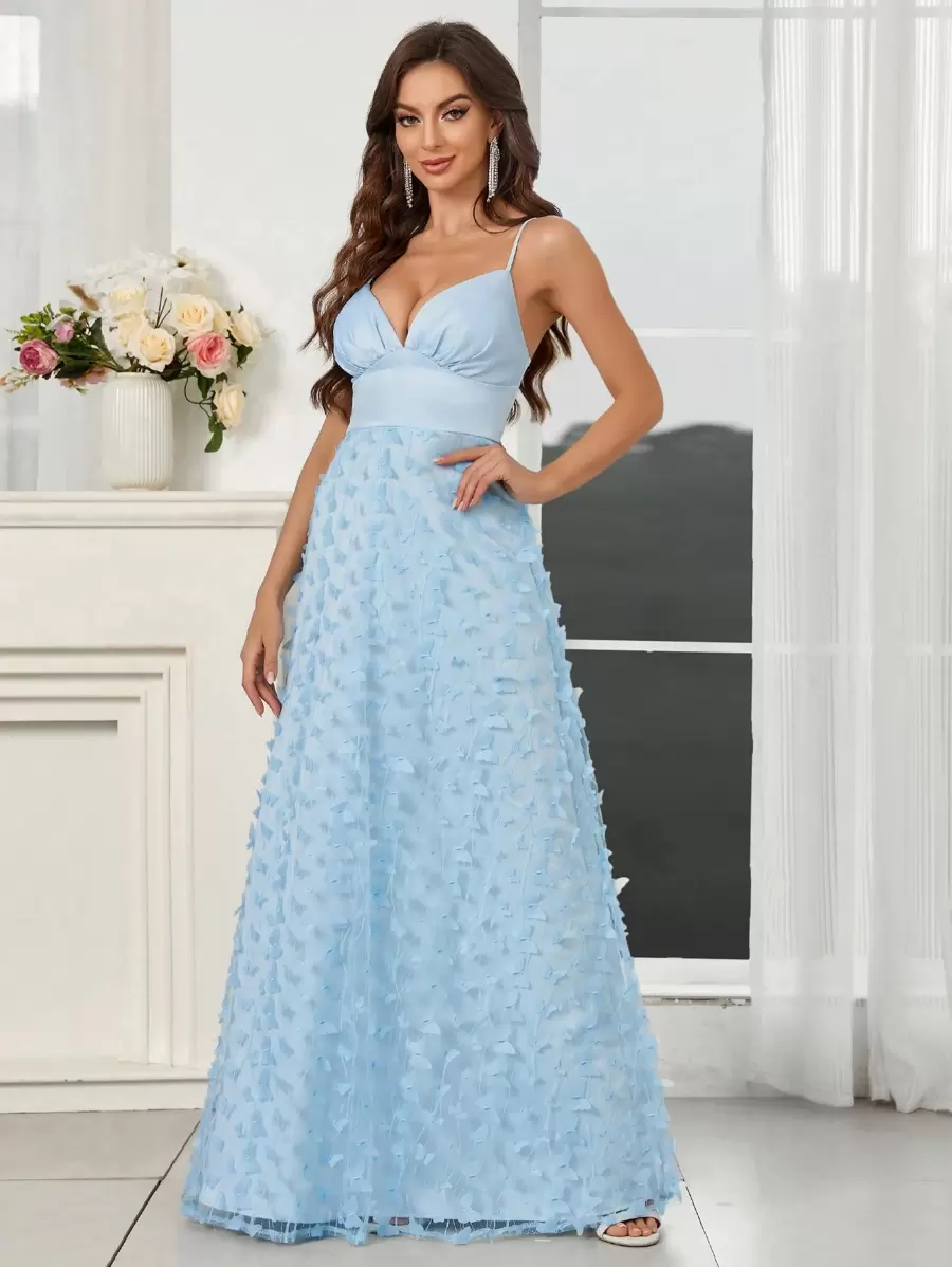 SHEIN Belle Elegant Romantic Sky Blue With Floral Butterfly Embellishments Spaghetti StrapsDeepVNeckline And Flowy A-Line Dress (Heavy Duty) Women's Evening Dress